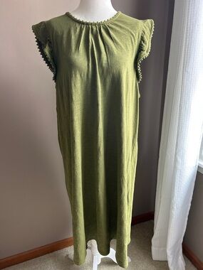 Boden Cotton Olive Green Midi Dress with Pom-Pom Trim Size 16/XL